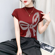欧货大牌早秋新款半高领短袖印花蝴蝶高级感时尚上衣针织棉女装