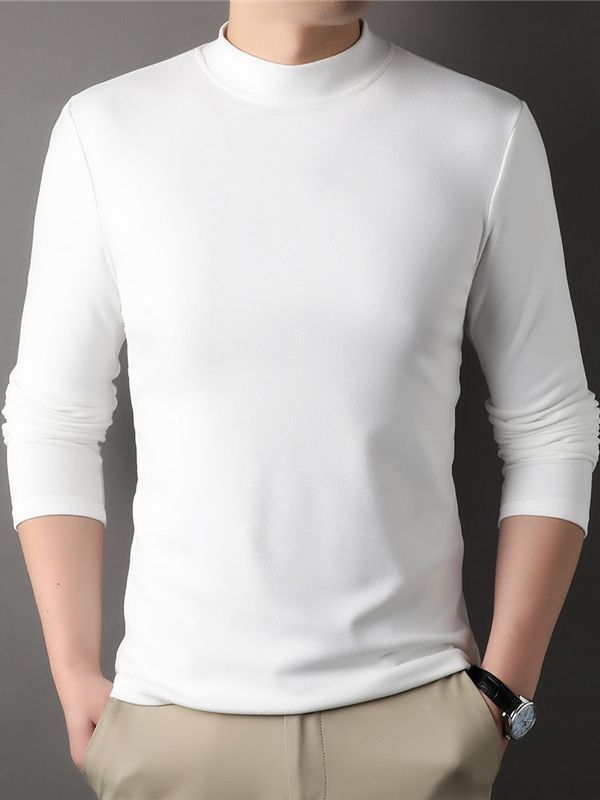 Camiseta de base de terciopelo de doble cara con cuello medio alto para hombre, otoño 2025, sudadera de terciopelo alemán, fabricante de camisetas de manga larga de color sólido cepillado para hombre.
