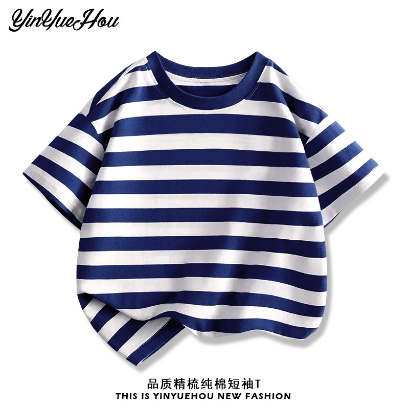 男童夏装现货小孩子衣服儿童纯色短袖t恤条纹半袖中大童跨境代发T