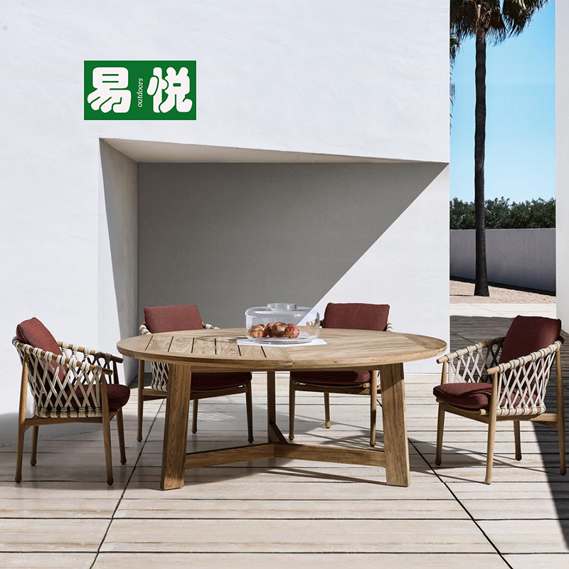 Jardín al aire libre terraza de madera maciza cuerda trenzada mesas y sillas al aire libre residencial mesas y sillas patio jardín villa de teca birmana mesas y sillas