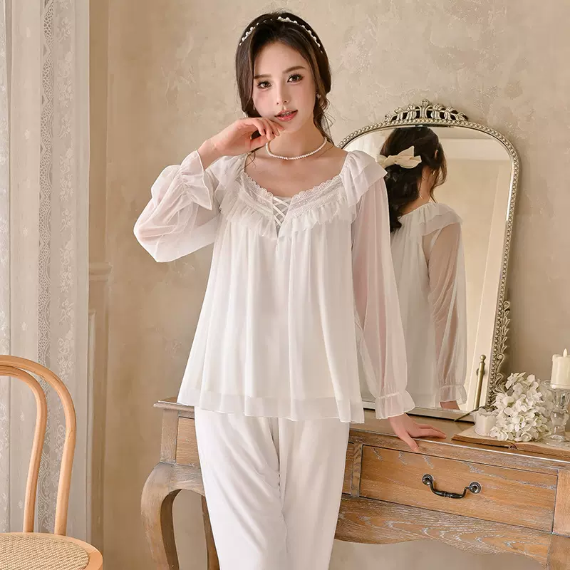 逸尔乐宫廷风长袖甜美可爱公主少女睡衣套装女宽松法式蕾丝家居服