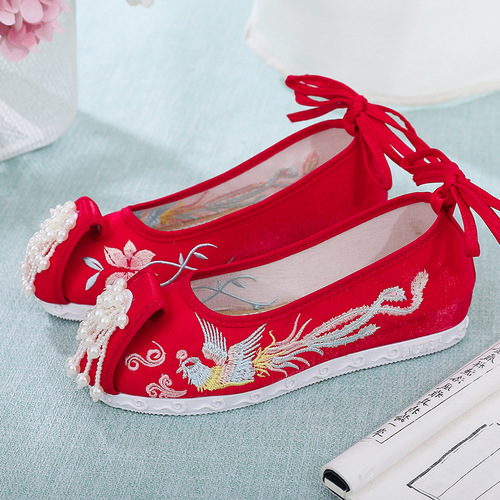 Red phoenix Fairy Hanfu Shoes for women girls  hanfu shoes head bow shoes embroidered cloth shoes