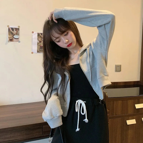Korean Style Casual Short Zip Hooded Sweatshirt for Women, Solid Color Thin Long Sleeve Sweatshirt for Trendy Women