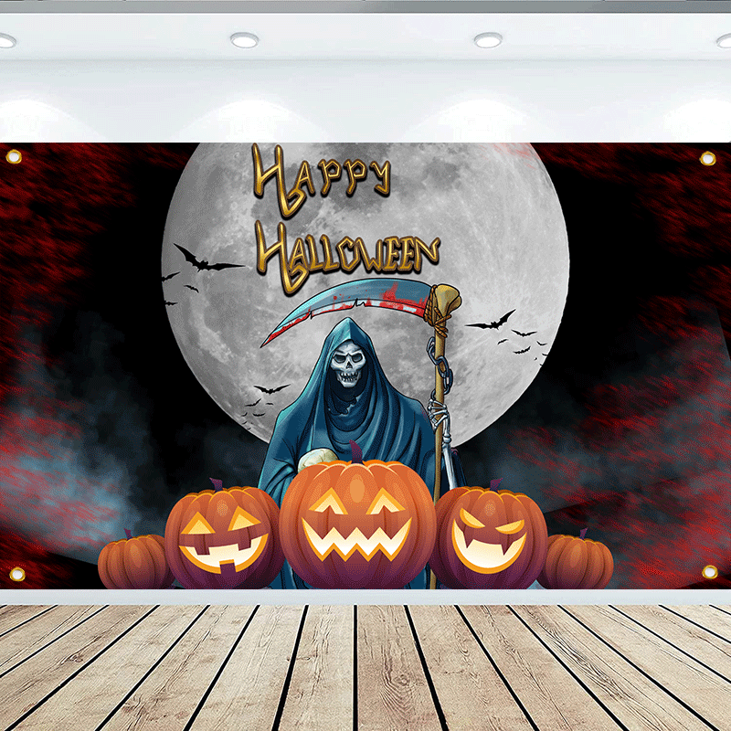 跨境新款Halloween背景万圣节主题旗帜鬼节挂幅挂旗可来图制做