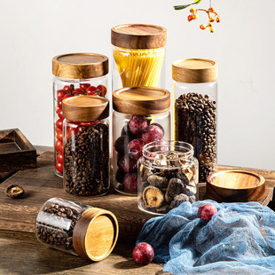 Acacia Wood Cover Mason Wine Glass Jar Food Grade Glass Sealed Jar Kitchen Moisture-Proof Storage Storage Jar Wholesale