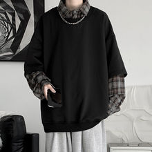 春秋季日系宽松拼接卫衣男生韩版长袖假两件连帽格子衬衫潮流学生