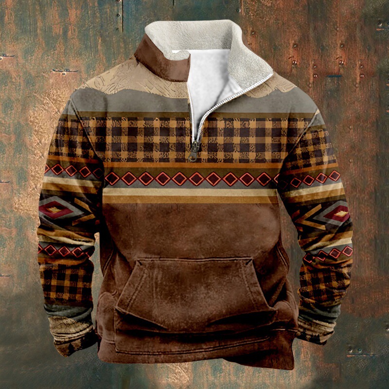 Cross-border European and American New Independent Station Aztec Printed Casual Men's Shirt Long Sleeve Stand Collar Half Zip Sweater