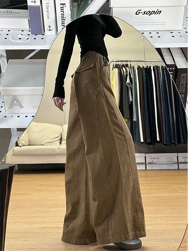 アメリカの高級感の葉の黄色の広脚のジーパンの女性の春の新型のレトロでゆったりしています。|undefined