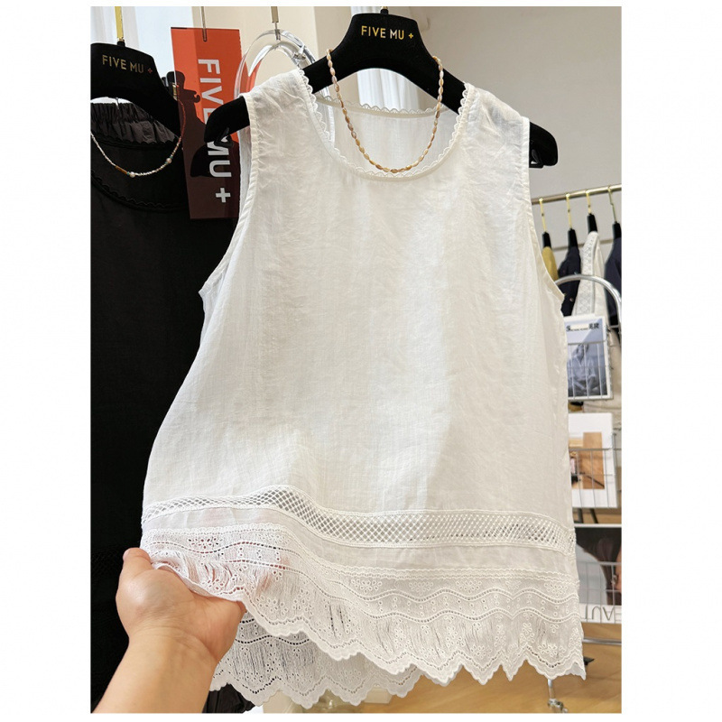 女性の夏のアウターウェアのためのハイエンドのレースの綿ラウンドネックベストシャツ薄いノースリーブベストシャツトップ|undefined