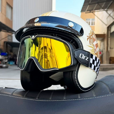 Motosiklet kaskı (dəbilqə) – and Women, 3C Certified 3/4 Helmet, Retro - ivory-white-coconut-island-style-retro-black-gold-goggles-special-offer-m