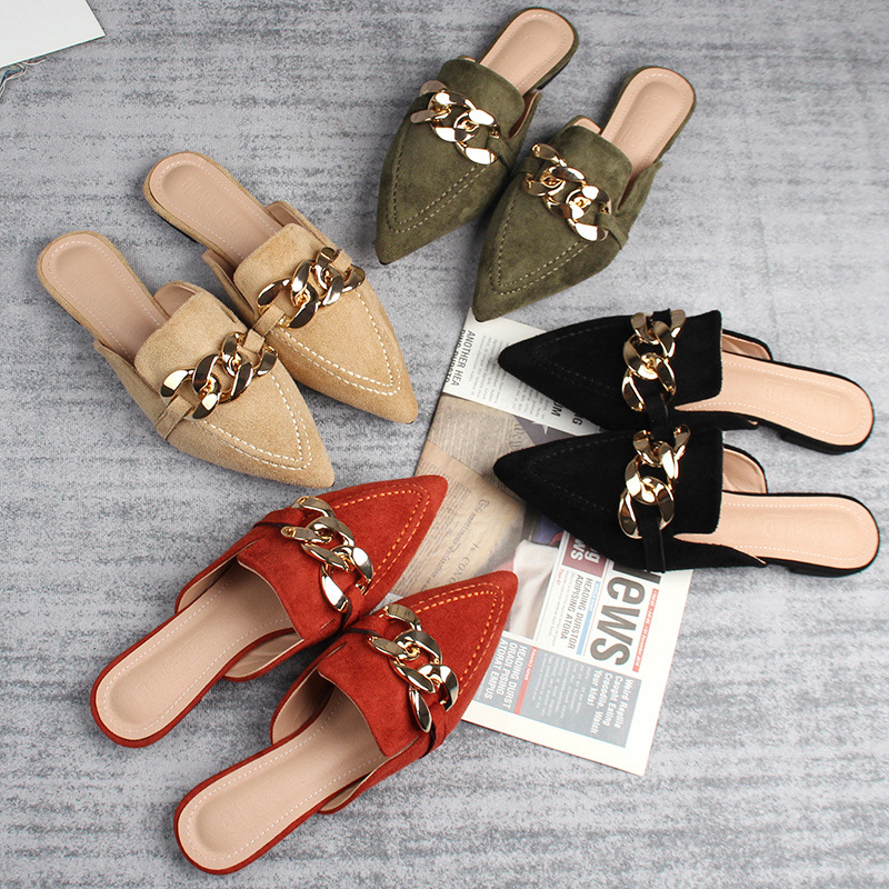 Flat half slippers women's spring and autumn new pointed metal chain Muller shoes 41-43 foreign trade shoes wholesale_voghion.com