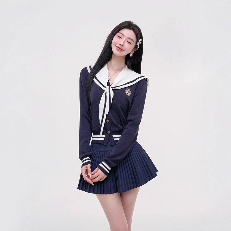 Mao Ni British Navy Collar Tie Long Sleeve Top for Women Early Autumn New College Style Striped Waist-Cinching Knitted Cardigan