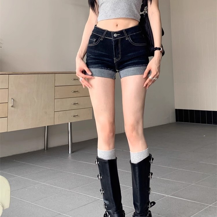 美式辣妹翻边牛仔短裤女夏季大胖mm设计感紧身显瘦a字超短热裤|undefined