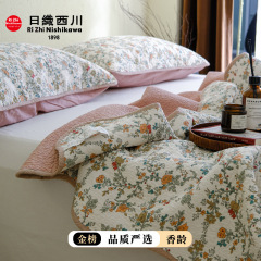 韩式水波纹边双面纯棉碎花绗缝水洗床盖三件套四季可用填充棉花