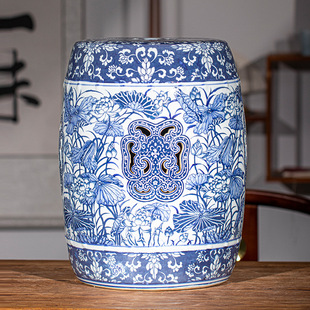 Jingdezhen Blue and White Porcelain Ceramic Drum Stool Tea Room Balcony Ceramic Stool New Chinese Style Ceramic Decoration Ornaments Hand-carved