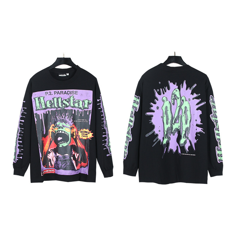 Hellstar アメリカのトレンディなハイストリートレトロウォッシュ加工プリントストリートロックスウェットシャツ長袖 Tシャツ男性と女性のトップス|undefined