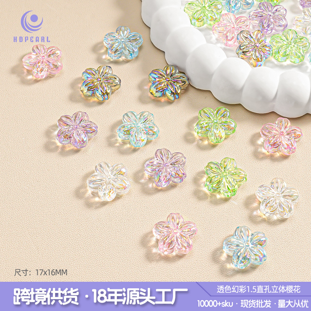 Cuentas de flores de cerezo de colores transparentes, bricolaje, flor de cinco pétalos, pulsera transparente, cadena para teléfono móvil, accesorios, cuentas de joyería