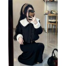 2025冬季韩系氛围感黑色棉服小香风短款毛领棉服休闲半身裙两件套