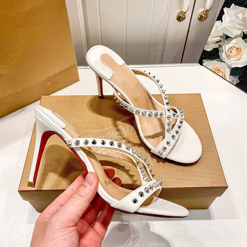 European and American 2015 Summer Black Red Bottom Rivet High Heels Sandals Women's Stiletto Sexy Genuine Leather One-Strap Slippers Sandals