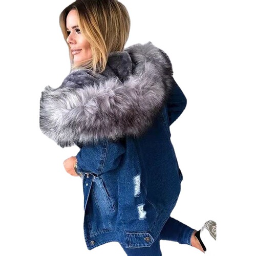 Ripped Women's Top 2024 Winter Denim Clothing Cross-Border Thickened Denim Jacket Fleece-Lined European and American Style Thickened Warm-Keeping
