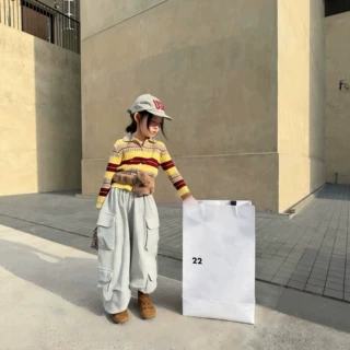韩版女童bai搭休闲条纹毛衣开衫+立体袋灰色工装抽绳裤套单拍