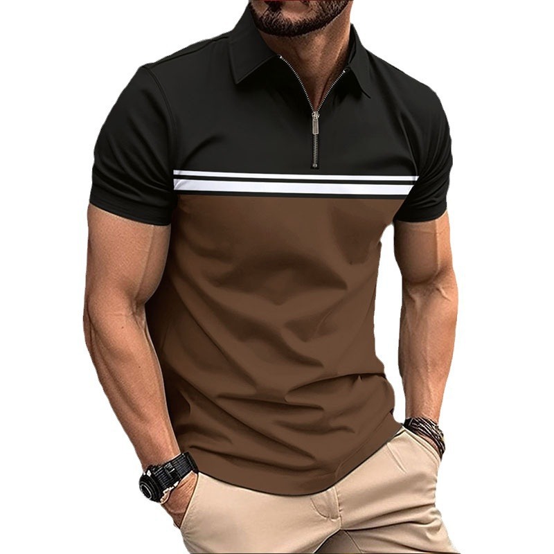 Sommer-Poloshirt für Herren mit modischem Reißverschluss und kurzen Ärmeln in Kontrastfarbe_voghion.com