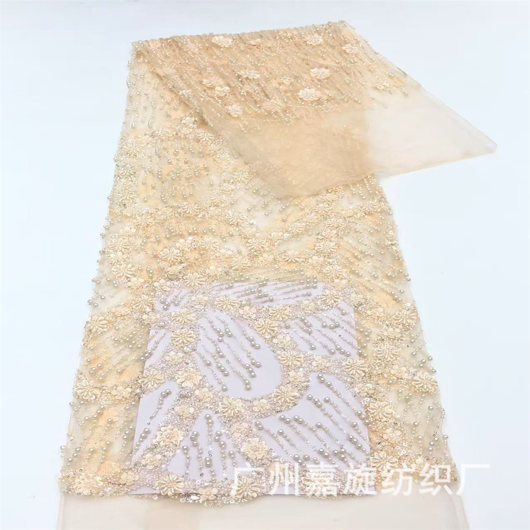 Tela floral tridimensional de alta calidad con cuentas de arroz y bordado de lentejuelas para vestidos de novia, encaje francés.
