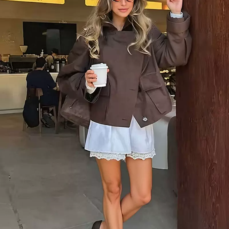 2025秋季跨境亚马逊外贸新款纯色宽松翻领短款街头风夹克外套