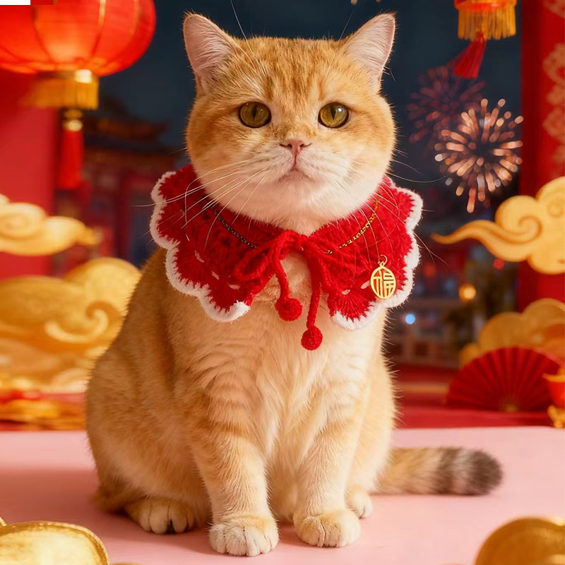 新款宠物新年披肩猫咪跨年围巾狗狗过年围领喜庆围脖手工编织毛线