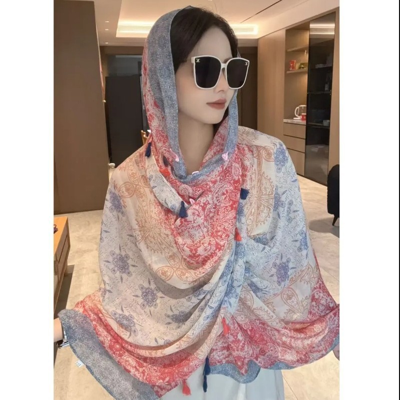 Summer High-End Women's Mid-Length Outer Shawl Retro Ethnic Style Sunscreen Buckle Shawl Yunnan Qinghai Travel Scarf