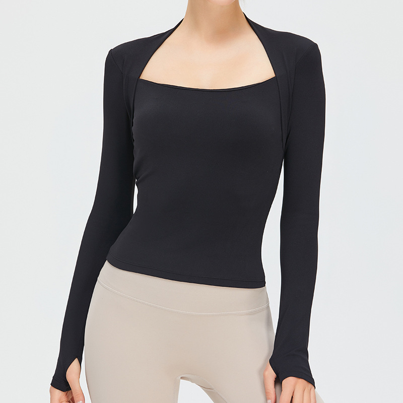 Ropa de yoga caliente en vivo top deportivo desnudo de manga larga con almohadilla en el pecho chal falso de dos piezas ropa de entrenamiento con cuello en U