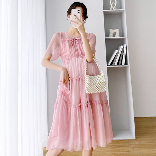Maternity Summer Wear 2024 New Trendy Style Summer Fashion Chiffon Summer Skirt Loose Medium Long Dress