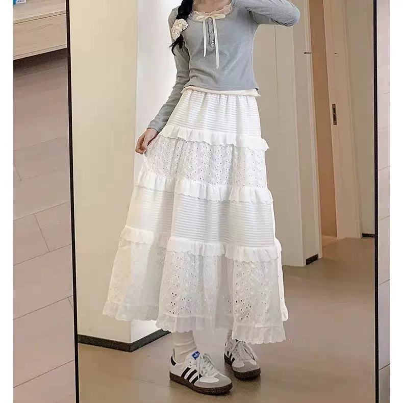 2025女春夏新款白色蛋糕裙高腰中长款提花小个子蕾丝半身裙a字裙