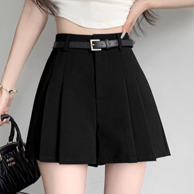 High-end Sense Grey Suit Casual Shorts Women's 2024 Summer Pleated Pants Skirt Retro Loose Wide-leg A- line Hot Pants