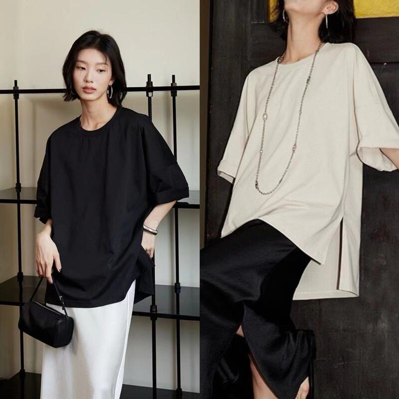 [Main Recommendation] 26 Early Spring New Model Tr Double Yarn Long-Staple Cotton Siro-Spun Side Slit Mid-Sleeve T-Shirt