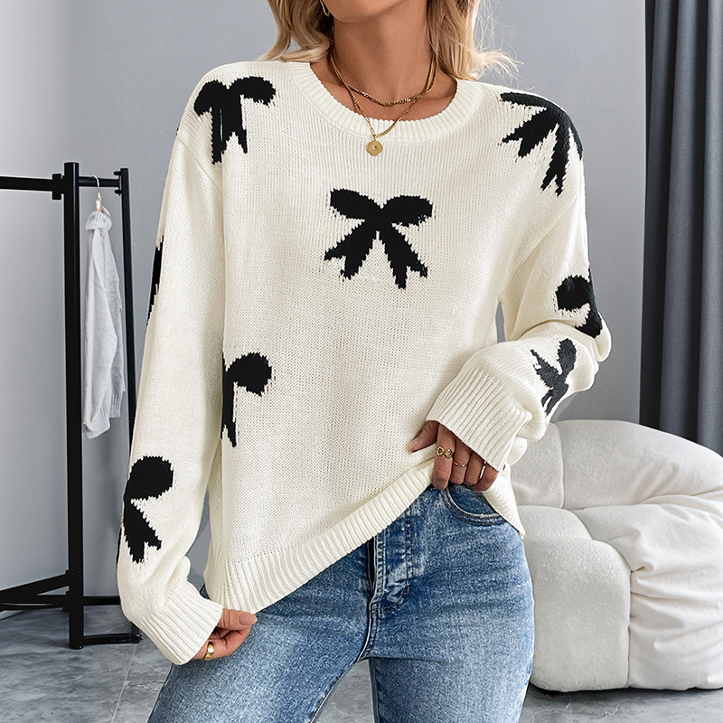 Tiktok Hot-Selling European and American Holiday Bestsellers Cross-Border 2026 Autumn and Winter Round Neck Bow Jacquard Long-Sleeved Sweater for Women Tiktok Hot-Selling European and American Holiday Bestsellers Cross-Border 2026 Autumn and Winter Round Neck Bow Jacquard Long-Sleeved Sweater for Women