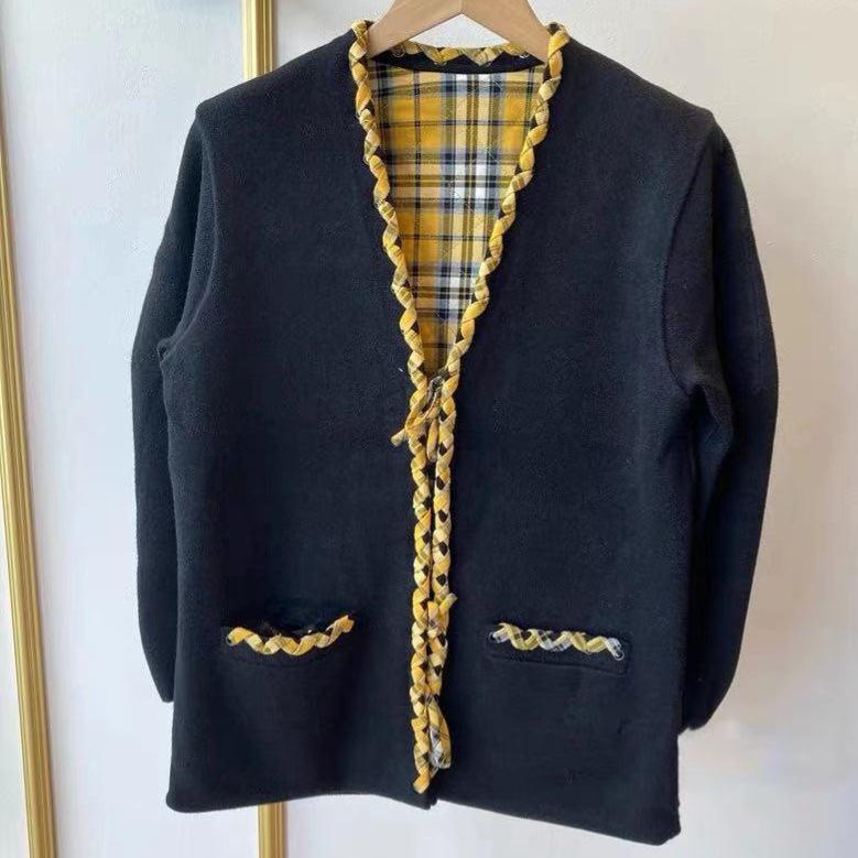 French single M home 2021 early autumn lady style Plaid stitching front and back wear lace-up knitted coat 11073 clearance