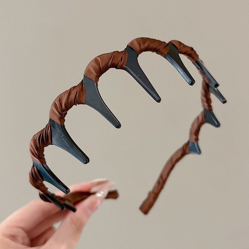 Dulce malla de perlas negras onduladas bandas de cabello para mujeres de alto nivel de sensación de cabello flojo raíz clip de cabello alto cráneo cara pequeña bandas de cabeza