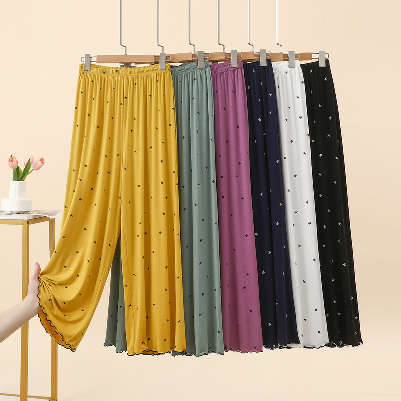 Modal New Printed Straight-Leg Pants for Women, Summer Fringe Long Pants, Loose Casual Sleep Pants, Versatile Slimming Home Pants