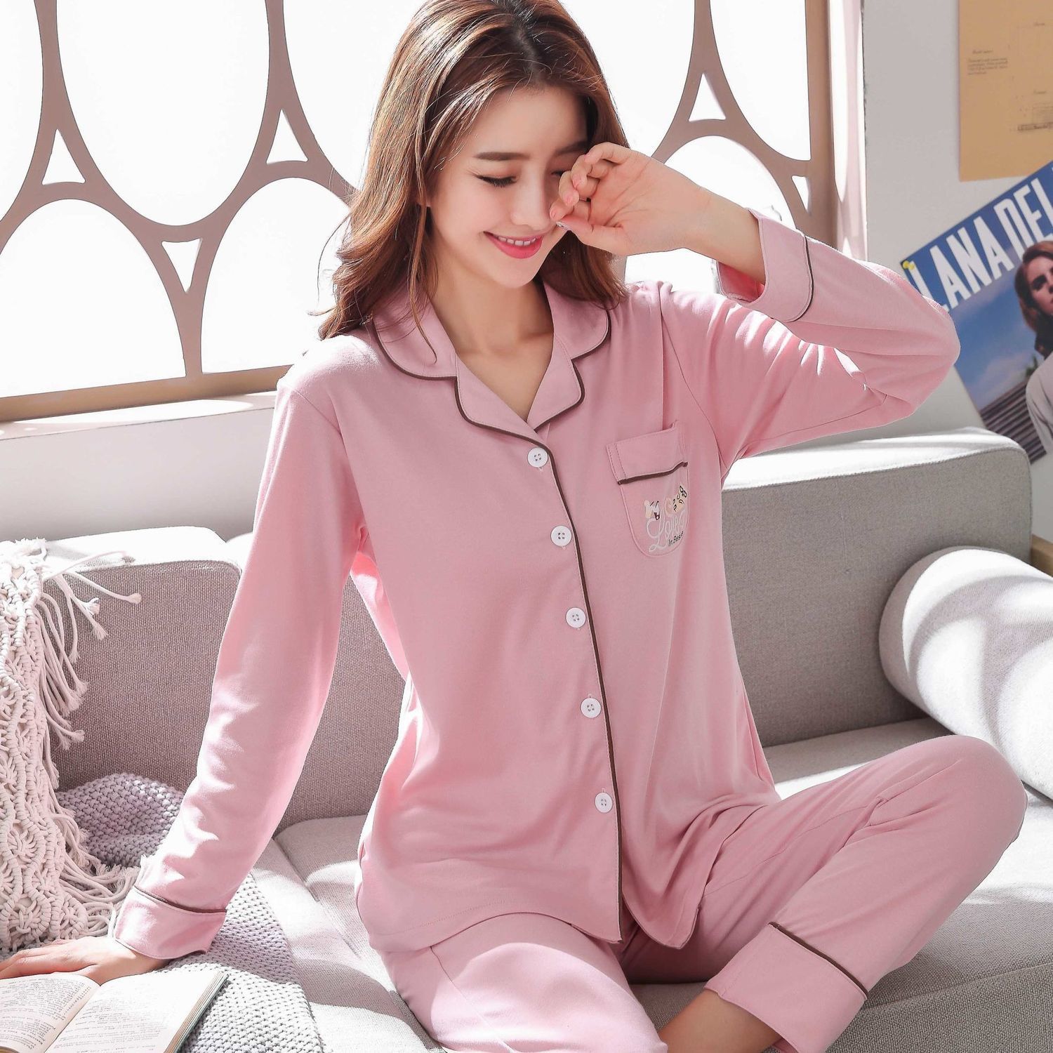 Pijamas de algodón para mujer Primavera y otoño de manga larga más el tamaño de las mujeres al aire libre ropa para el hogar traje suelto de madre de mediana edad