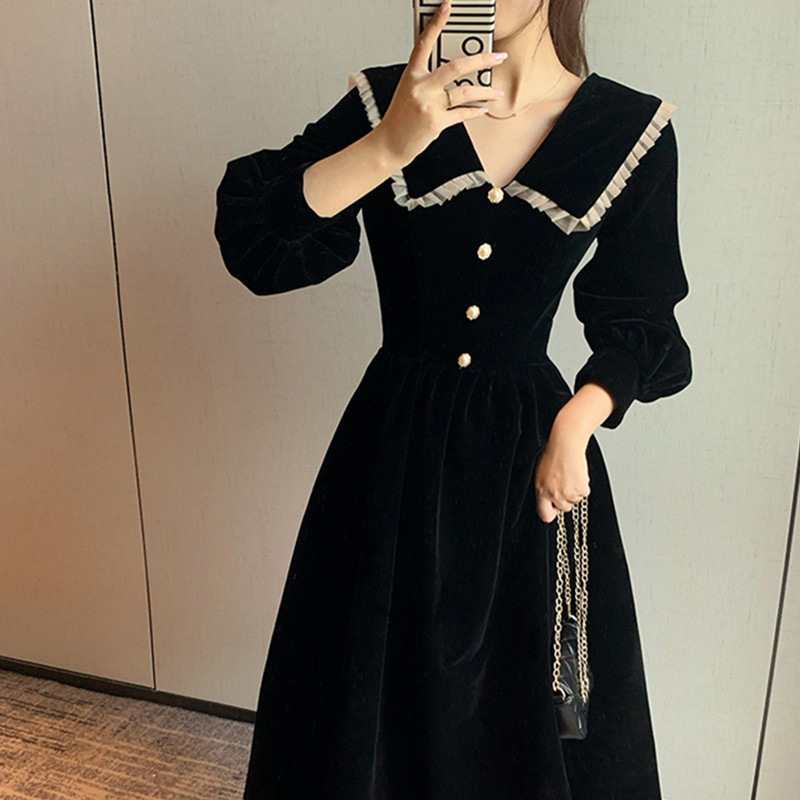 Black Doll Collar Dress Women's Autumn New French Style High-end Temperament Long Dress Tight Waist Slimming Hepburn Style Skirt