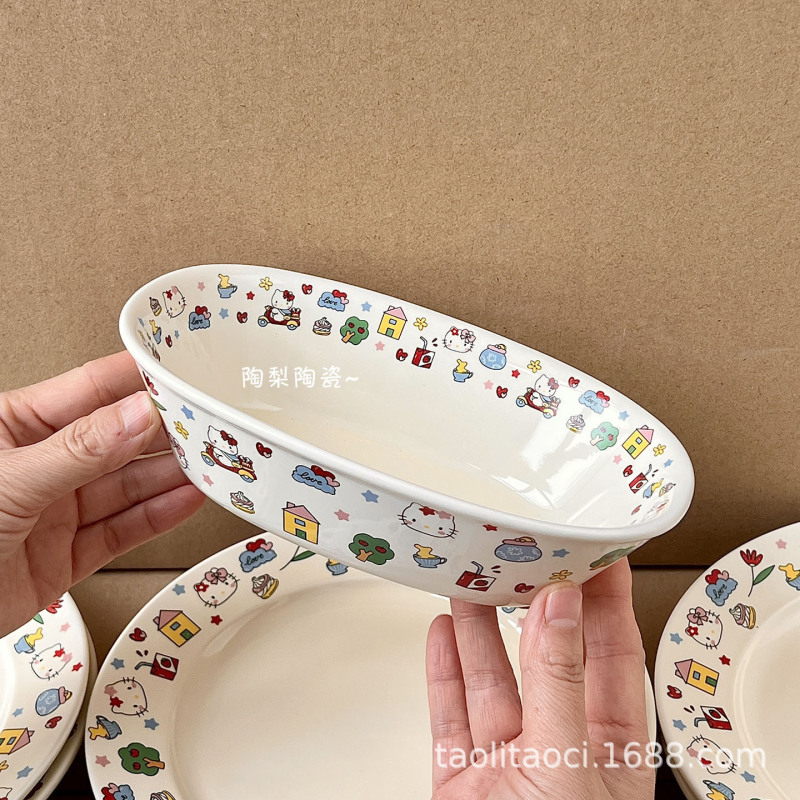 Cute Kt Series High-Quality Tableware for Home Use, Hello Kitty Dinner Plates, Rice Bowls, Salad Plates, Deep Plates, Serving Fruit Plates