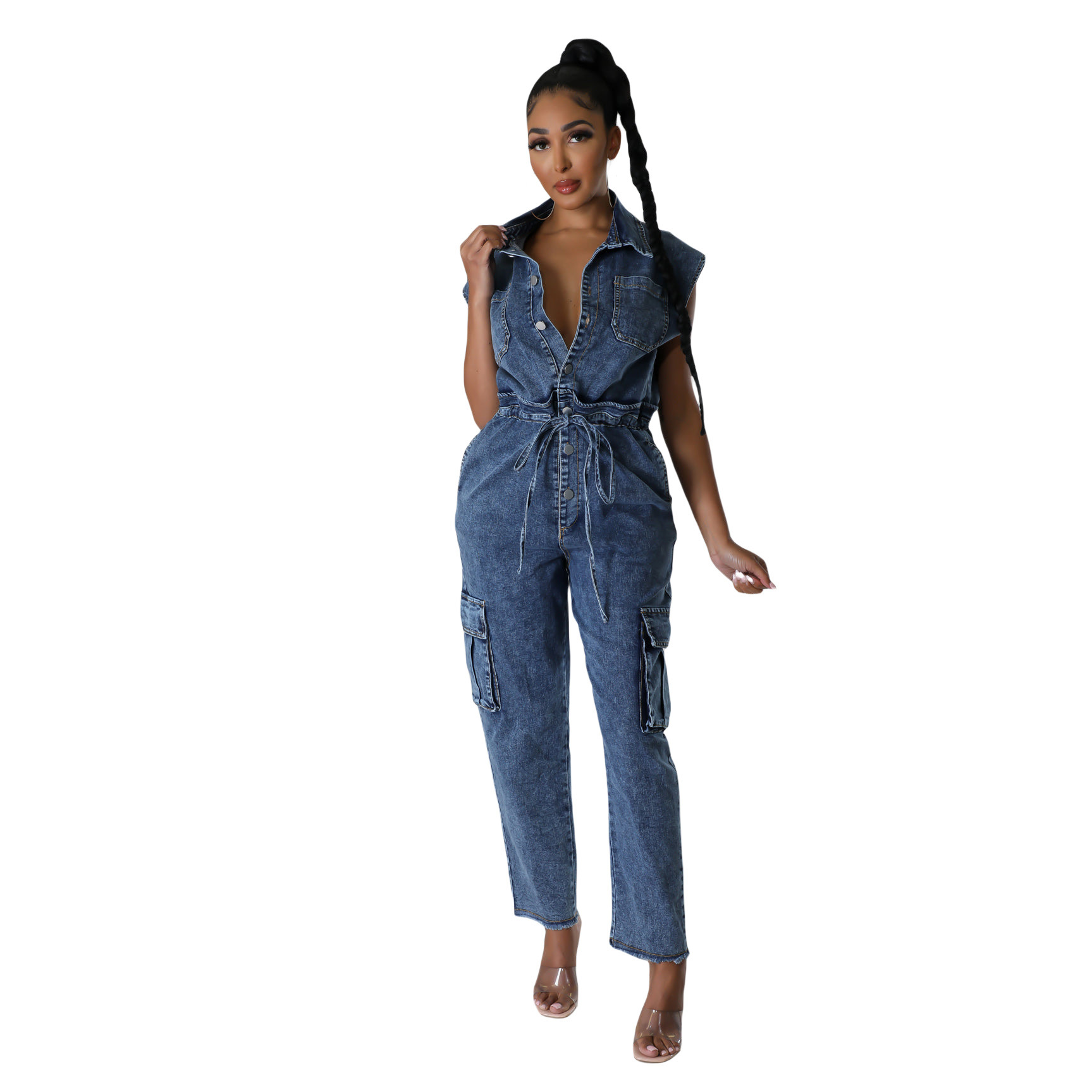Women's Clothing 6983 tight waist slim elastic washed denim jumpsuit straight loose jumpsuit_voghion.com