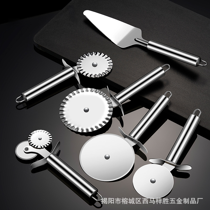 Herramientas para hornear de cocina Cortador de pizza de una sola rueda de acero inoxidable Mango de tubo redondo Cuchillo de rueda de pizza de encaje de doble rueda Pala para pastel