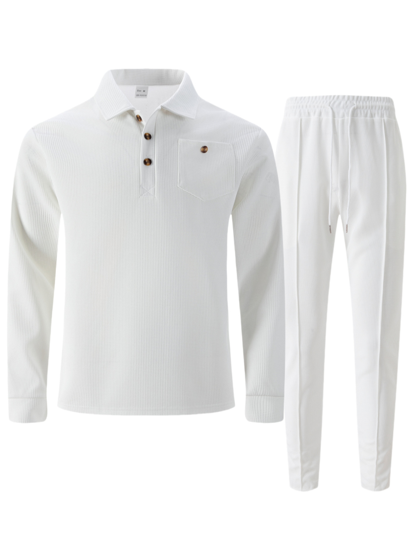 Men's Waffle Knit Shirt And Trousers Suit Casual Long Sleeve Set_voghion.com