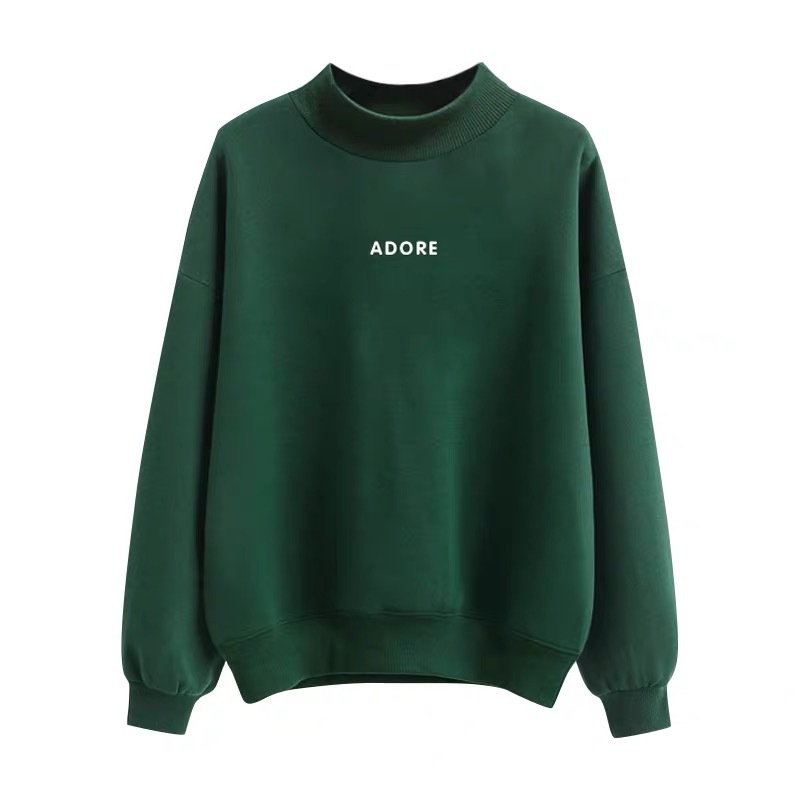 Sudadera con Forro Polar para Mujer, Estilo Coreano, Otoño-Invierno 2025, Holgada, Cuello Medio Alto, Verde, con Letras, para Estudiantes
