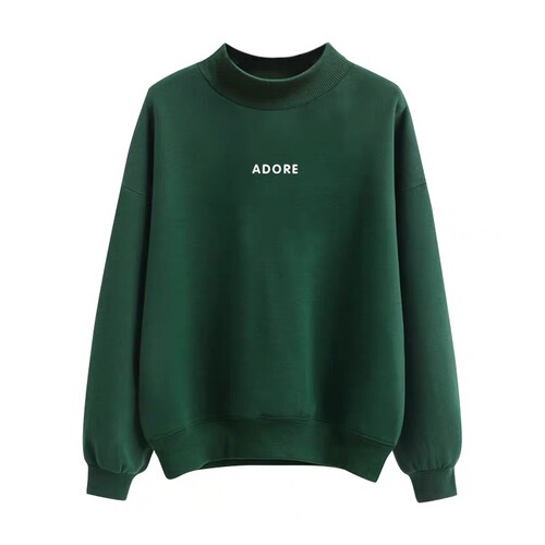 Women's Thick Lined Sweatshirt, New Autumn/Winter Version, Korean Style Loose Half-Neck Green Jacket with Letters for Students