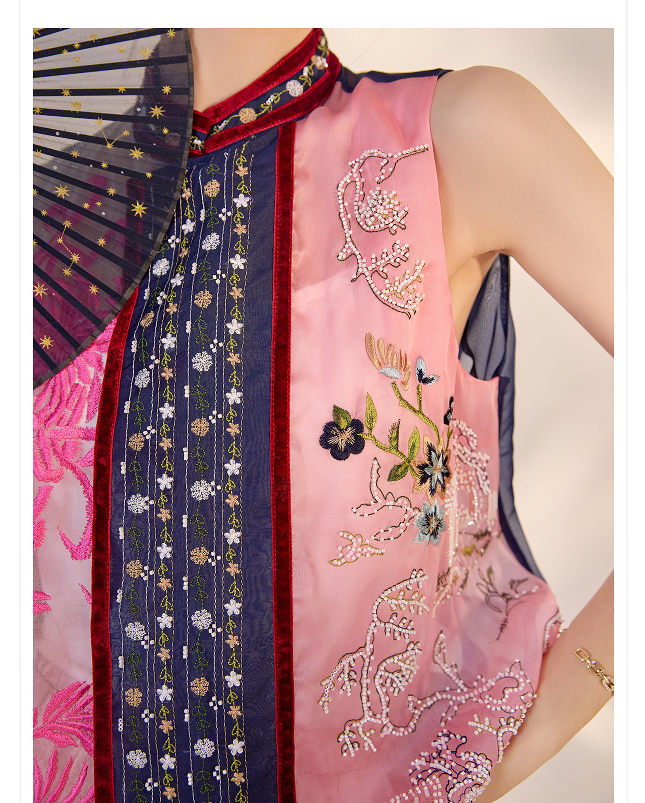 Áo vest gile nữ phong cách Trung Hoa mới, thêu họa tiết phối màu, chất liệu lụa tơ tằm, mã ZX M4238 — Phối màu chi tiết 12