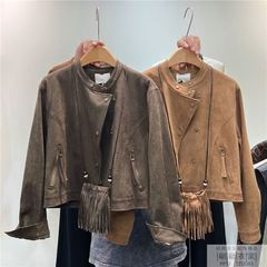 经典复古麂皮绒斜扣夹克上衣女小个子高级感休闲机车短外套