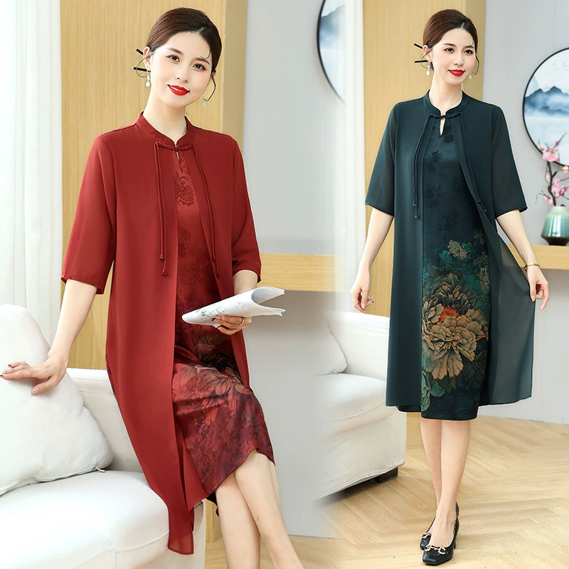 Мама Летнее платье Поддельное платье из двух частей Среднее и старое женское лето Новый китайский стиль улучшенная юбка cheongsam